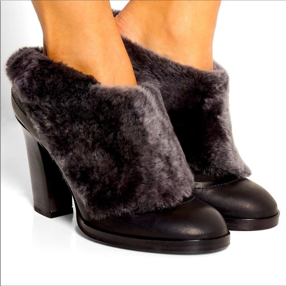 rag & bone Black Leather Mules with Gray Fur Cuff